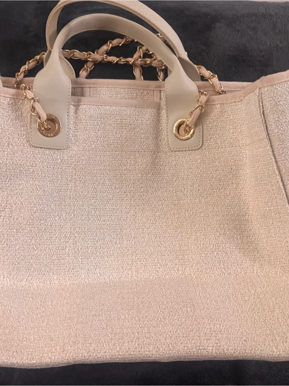 CHANEL Ivory and Gold Logo Canvas Shopper Tote